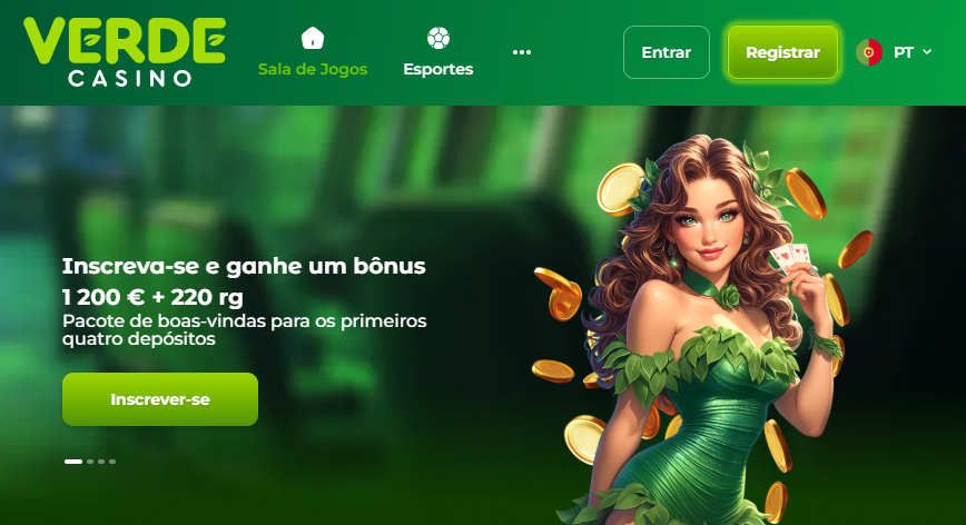 Banner promocional Verde Casino: Bónus de boas-vindas de 1200€ e 220 rodadas grátis para jogadores em Portugal.