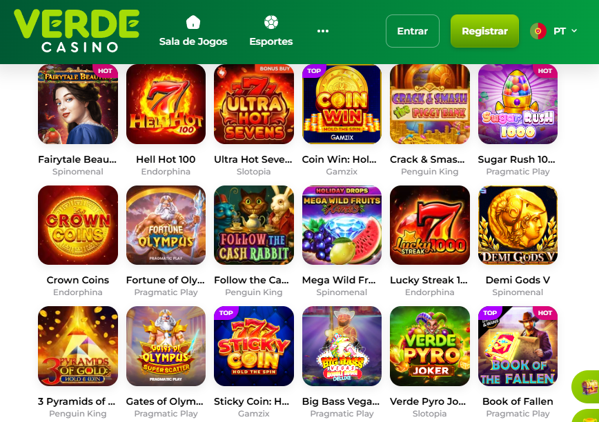 Seleção de slots populares no Verde Casino Portugal: Hell Hot 100, Sugar Rush 1000 e Gates of Olympus.