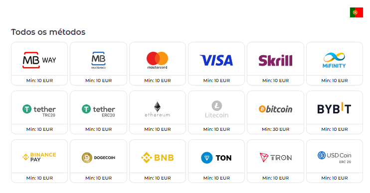 Métodos de depósito e levantamento no Verde Casino em Portugal: MB WAY, Multibanco, VISA e Criptomoedas.