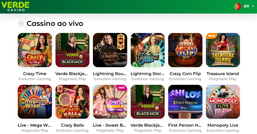 Lobby de Casino ao Vivo no Verde Casino Portugal: Crazy Time, Lightning Roulette e Blackjack ao vivo com dealers reais.