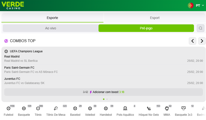 Mercados de apostas desportivas no Verde Casino Portugal: UEFA Champions League e ligas europeias.
