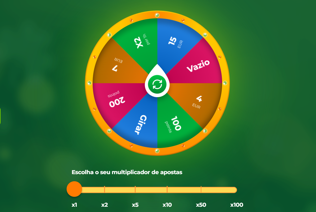 Roda da Fortuna interativa no Verde Casino Portugal: ganhe bónus em dinheiro, pontos de fidelidade e multiplicadores.