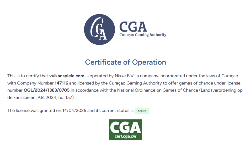 Certificado de operação Vulkan Spiele: Licença oficial de Curaçao OGL/2024/1363/0705 ativa para Intelligent Innovations N.V.