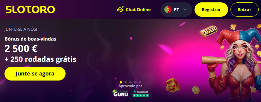 Bónus de boas-vindas Slotoro Casino Portugal: 2500€ e 250 rodadas grátis.