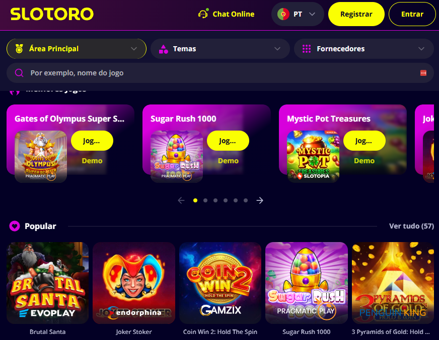 Lobby de jogos Slotoro Casino Portugal 2026: Gates of Olympus e Sugar Rush 1000
