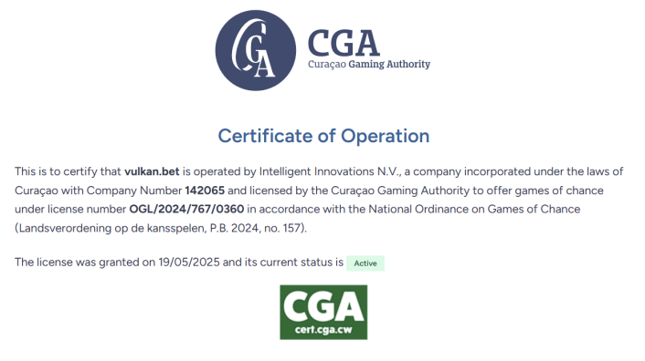 Certificado de Operação oficial Vulkan Bet: Licença Curaçao OGL/2024/767/0360 ativa e válida para 2026.