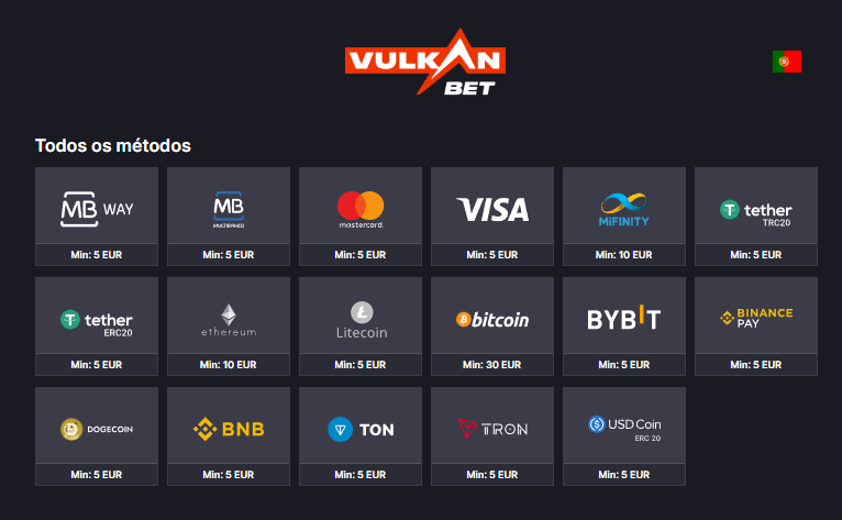 Painel de métodos de pagamento Vulkan Bet Portugal: MB WAY, Multibanco, VISA e diversas criptomoedas com depósito mínimo de 5€.