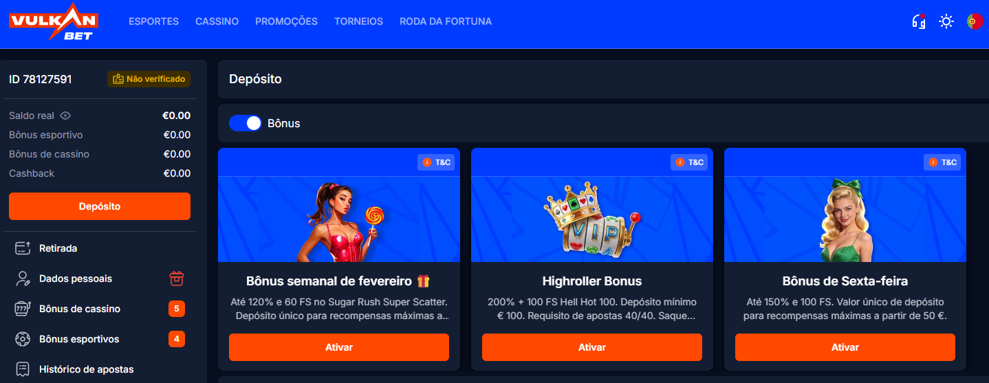 Painel de bónus Vulkan Bet: Opções de bónus semanal, Highroller e bónus de sexta-feira disponíveis para jogadores em Portugal.