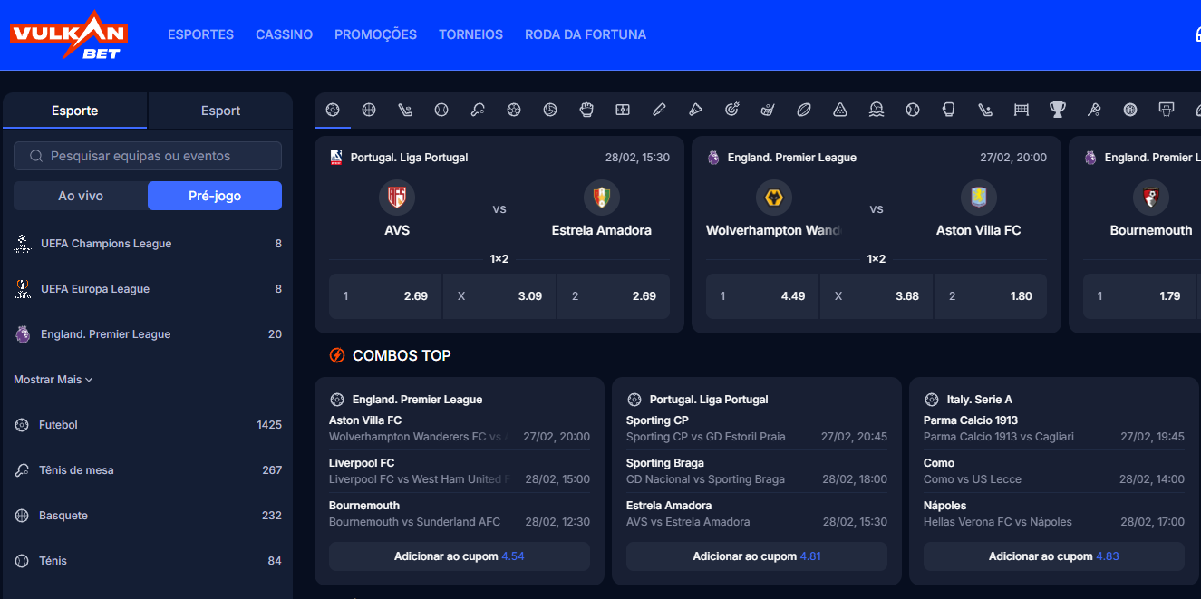 Interface de Apostas Desportivas Vulkan Bet: Mercados de Futebol, Liga Portugal e Premier League em direto.