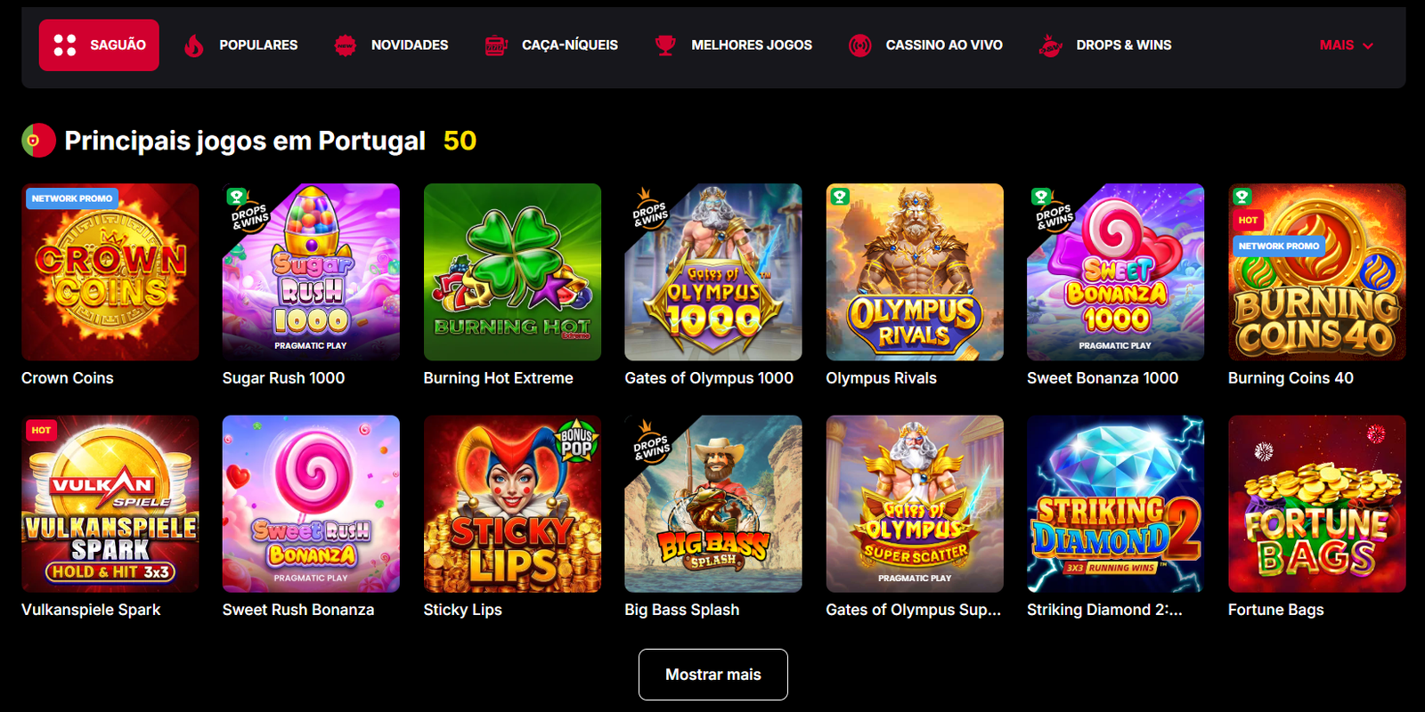 Lobby de jogos Vulkan Spiele: Seleção de slots populares em Portugal, incluindo Gates of Olympus e Sugar Rush.