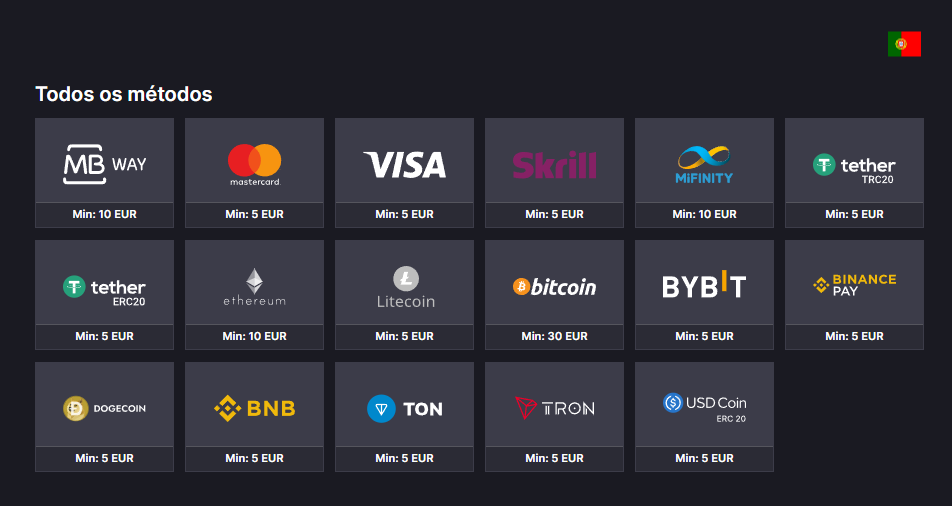 Tabela de métodos de depósito Vulkan Spiele em Portugal: MB WAY, cartões bancários e criptomoedas com limites mínimos.