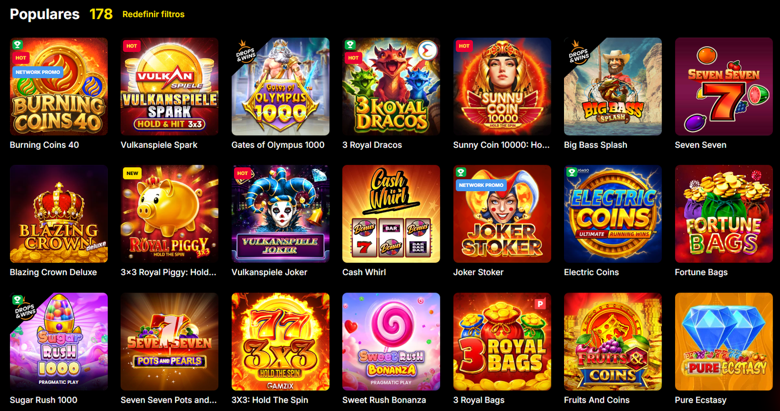 Lobby de jogos populares Vulkan Spiele em Portugal: Seleção de slots como Burning Coins 40 e Vulkanspiele Spark.