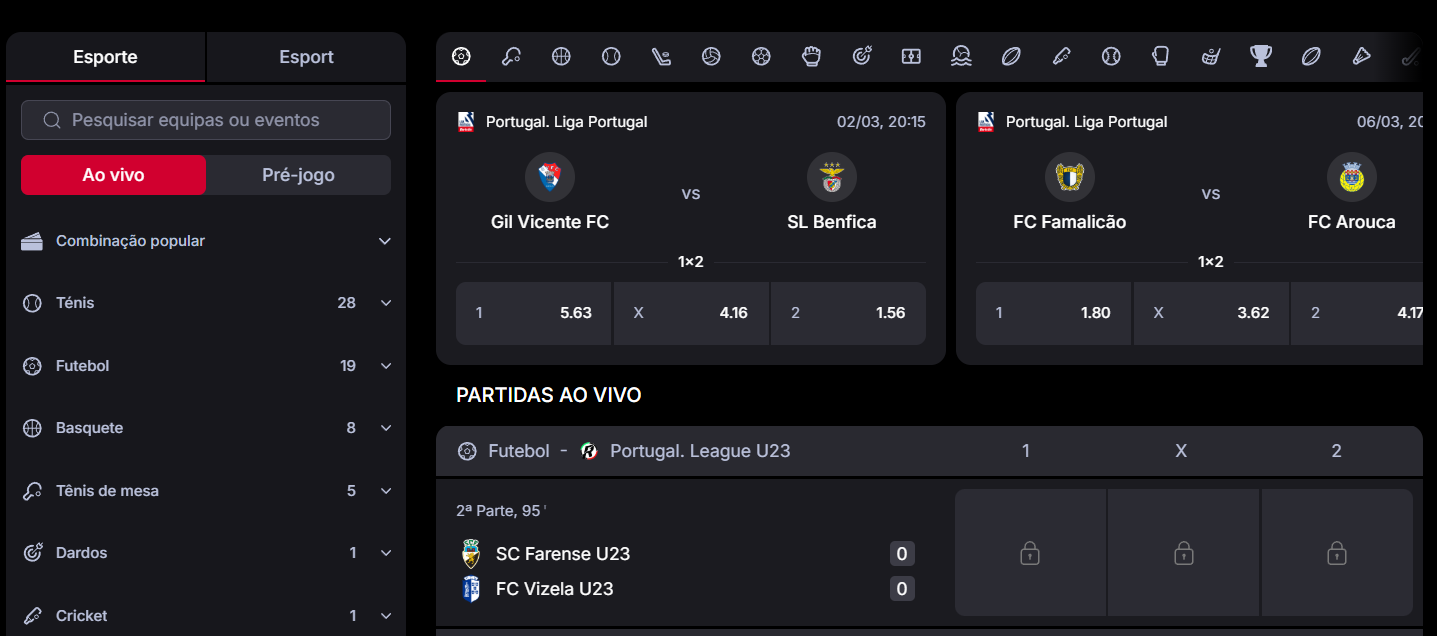 Plataforma de apostas desportivas Vulkan Spiele: Mercados ao vivo para a Liga Portugal com odds para Gil Vicente vs Benfica.