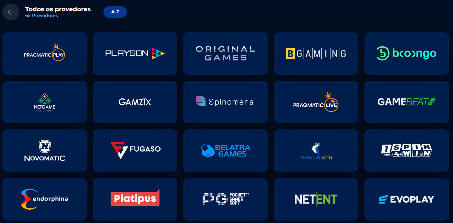Painel de provedores de software do Billionaire Spin: Logótipos da Pragmatic Play, Playson, NetEnt, Novomatic e outros estúdios de iGaming.