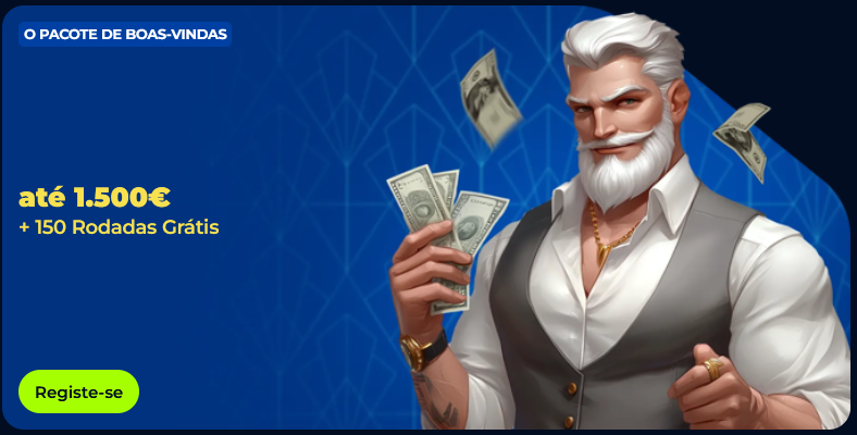 Banner promocional do Billionaire Spin apresentando o pacote de boas-vindas de até 1.500€ e 150 rodadas grátis para novos jogadores.