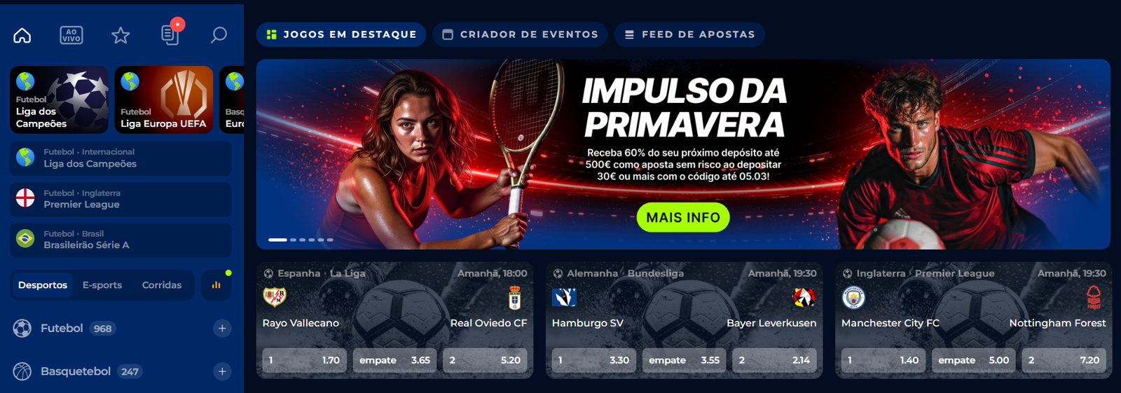 Interface de Apostas Desportivas no Billionaire Spin: Mercados de futebol, competições europeias e eventos ao vivo.
