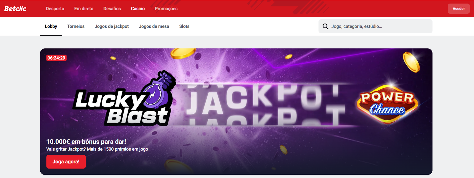 Interface do lobby Betclic Portugal - Casino online com licença SRIJ e bónus de 500%.