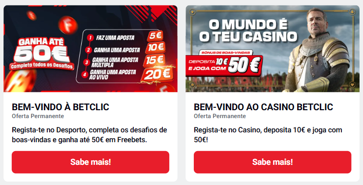 Promoções de boas-vindas Betclic: 50 euros em Freebets ou bónus de 500 por cento no casino.