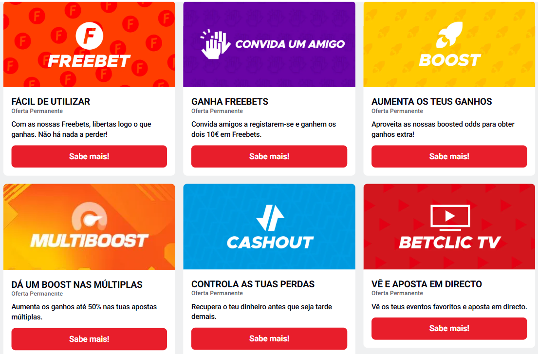 Promoções permanentes Betclic Portugal: Cash Out, Boosted Odds, Multi+, Betclic TV e programa Convida um Amigo.