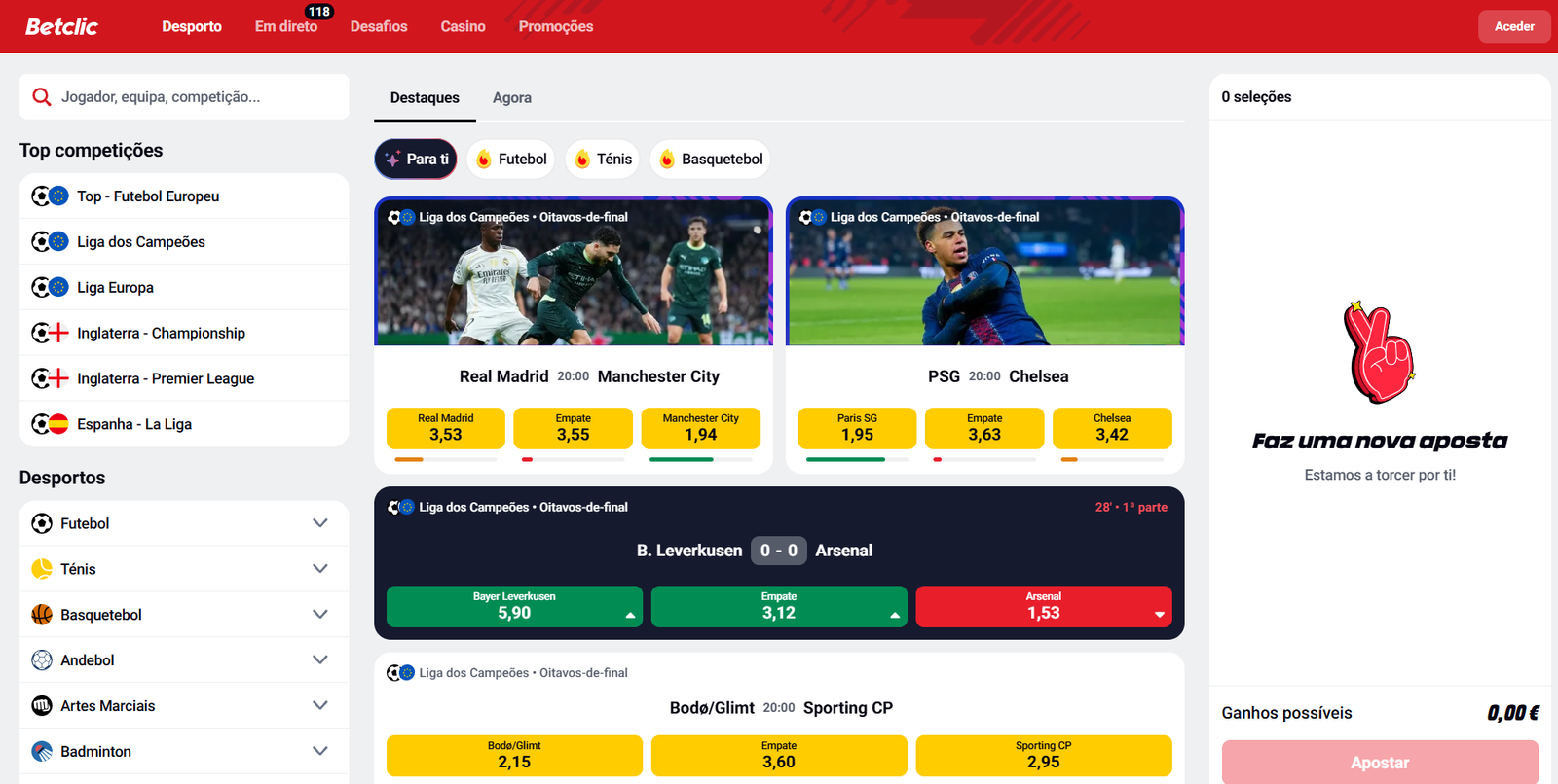 Interface de apostas desportivas da Betclic em Portugal com mercados da UEFA Champions League e futebol europeu.