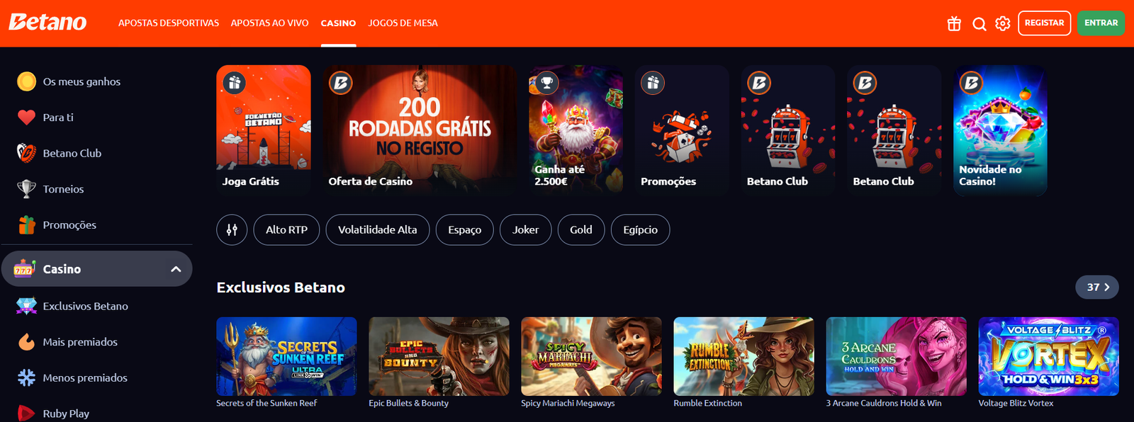 Interface do lobby Betano Portugal - Casino online com licença SRIJ.