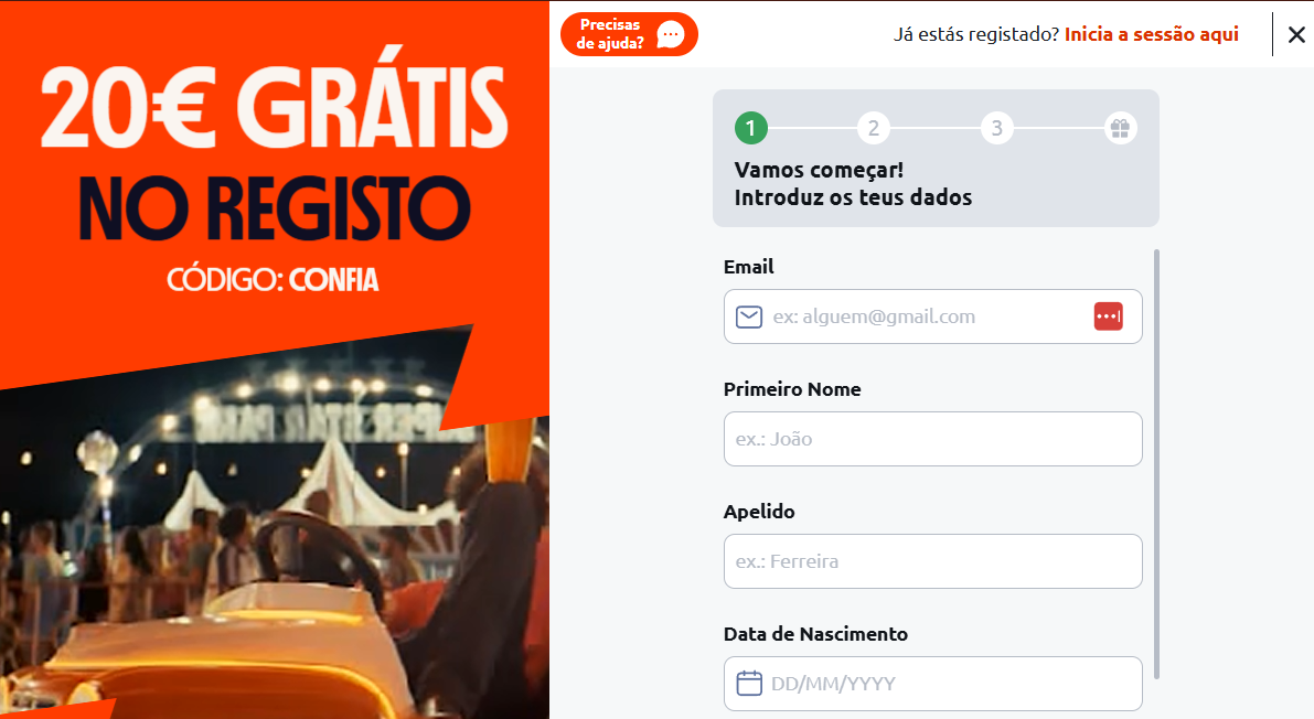 Formulário de registo Betano Portugal - Processo de criação de conta seguro.