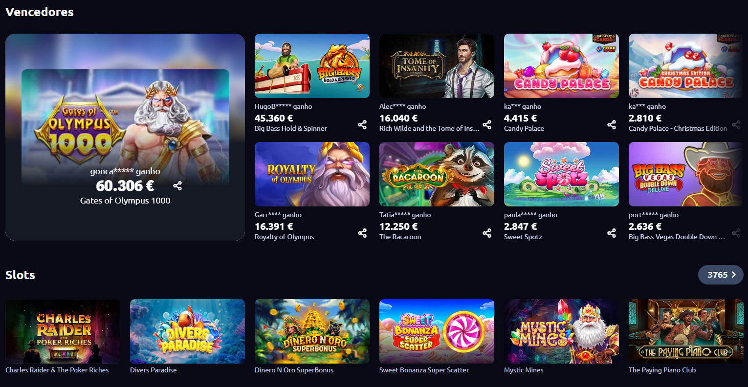 Interface de vencedores e catálogo de slots Betano Portugal - Provedores de elite.