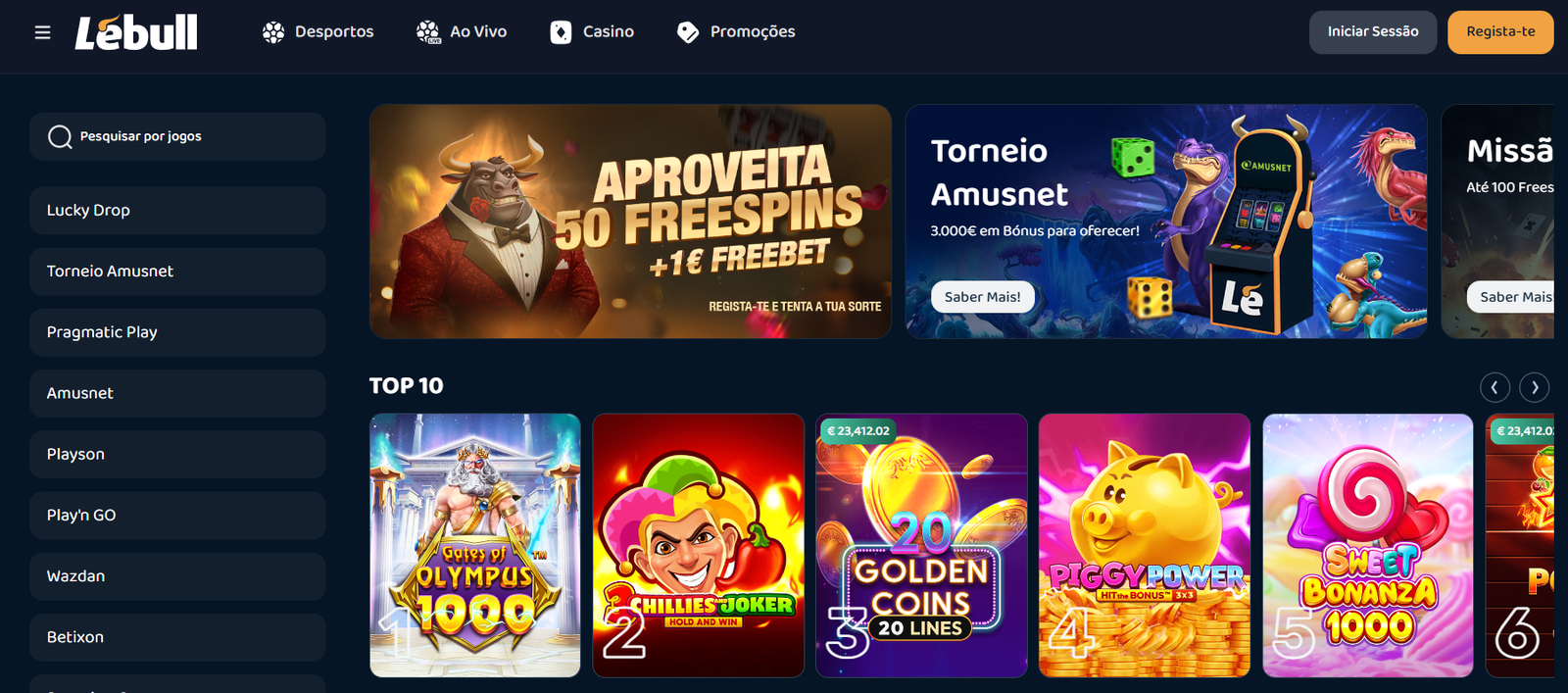 Interface do lobby LeBull.pt em 2026, destacando o banner de 50 Freespins + 1€ Freebet, torneios Amusnet e o Top 10 de slots com Gates of Olympus 1000 e Sweet Bonanza 1000.