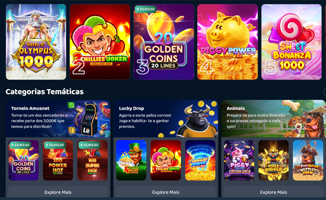 Interface do casino LeBull.pt destacando o TOP 10 de slots (Gates of Olympus 1000, 3 Chillies Joker, 20 Golden Coins) e as Categorias Temáticas como Torneio Amusnet, Lucky Drop e Animais.