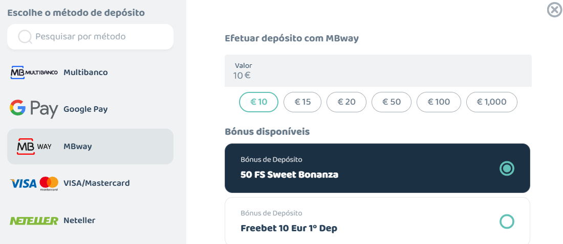 Interface de depósito na LeBull.pt com MB WAY selecionado, exibindo botões de valor (10€ a 1.000€) e a seleção de bónus: 50 FS no Sweet Bonanza ou Freebet de 10€ no 1º depósito.