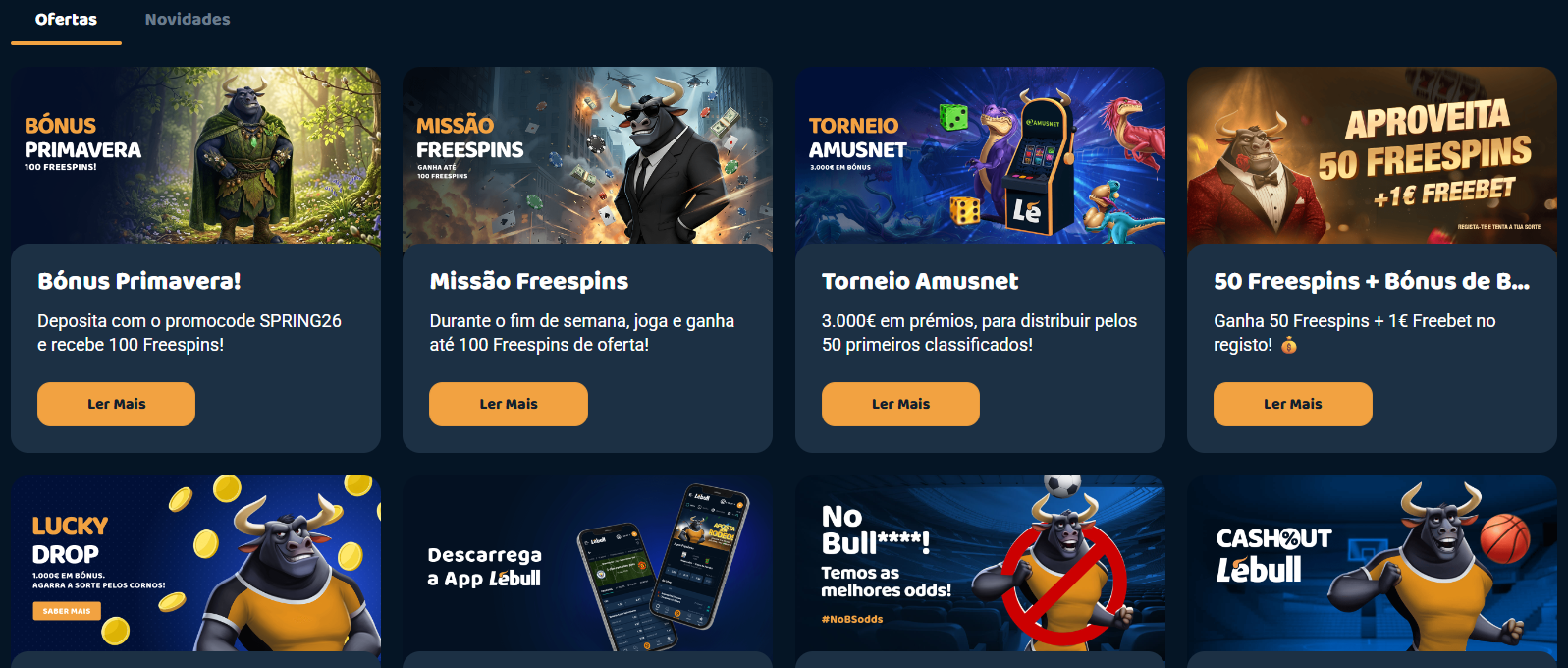 Painel de ofertas da LeBull.pt em 2026 com bónus de Primavera (100 FS), Missão Freespins, Torneio Amusnet de 3.000€, bónus de registo de 50 FS + 1€ Freebet e o sorteio semanal Lucky Drop de 1.000€.