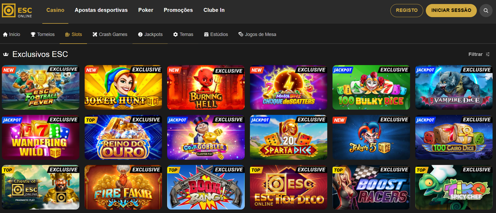 Interface da secção "Exclusivos ESC" no lobby do casino ESC Online, destacando títulos como Reino do Ouro, Fire Fakir, Boom Bang e Boost Racers.