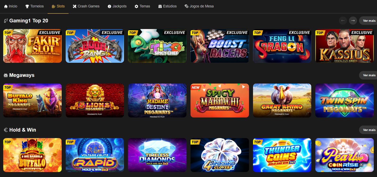 Interface do catálogo de slots do ESC Online em 2026, exibindo as categorias Gaming1 Top 20, Megaways e Hold & Win com títulos exclusivos em destaque.