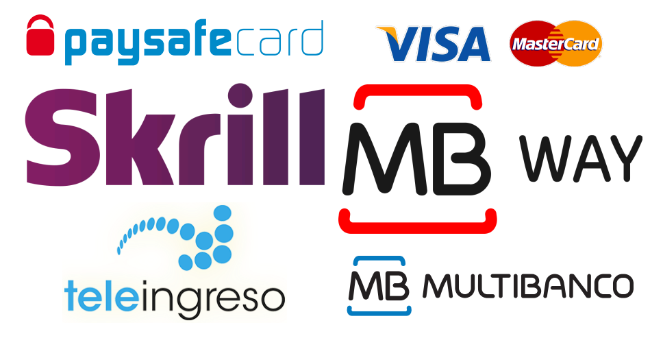 Logótipos dos métodos de pagamento aceites pelo ESC Online: MB WAY, Multibanco, VISA, MasterCard, Skrill, paysafecard e teleingreso.