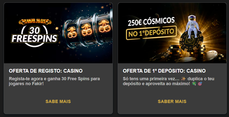 Painel de bónus da ESC Online com destaque para as 30 Free Spins de registo na slot Fakir e o bónus de 1º depósito de 100% até 250€.