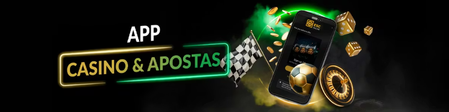 Banner promocional da App ESC Online - Casino & Apostas, mostrando um smartphone com a interface da aplicação, uma bola de futebol dourada e elementos de casino.