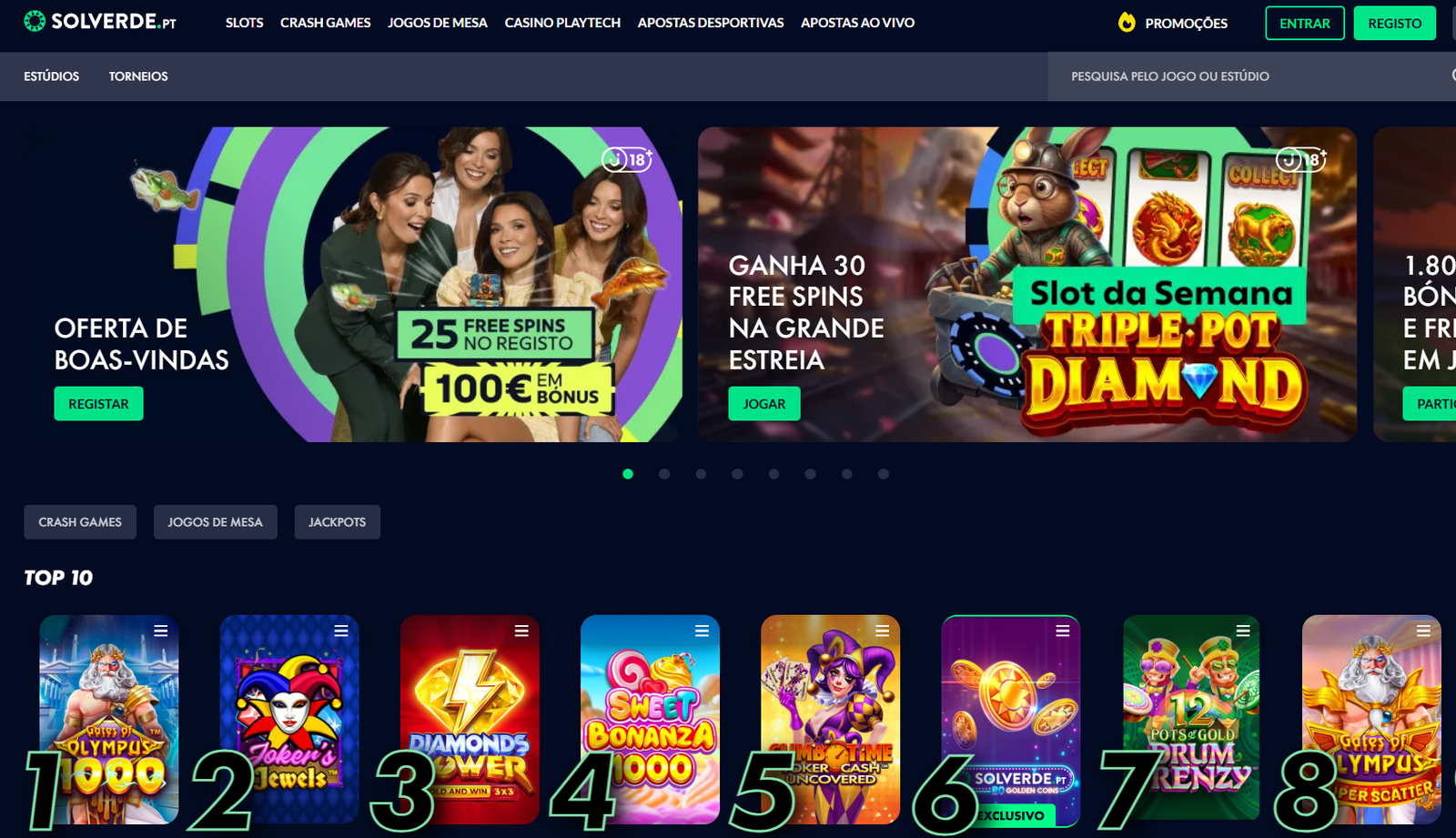Lobby oficial do casino online Solverde.pt, destacando a oferta de 25 Free Spins no registo e o ranking dos 10 jogos mais populares em Portugal.