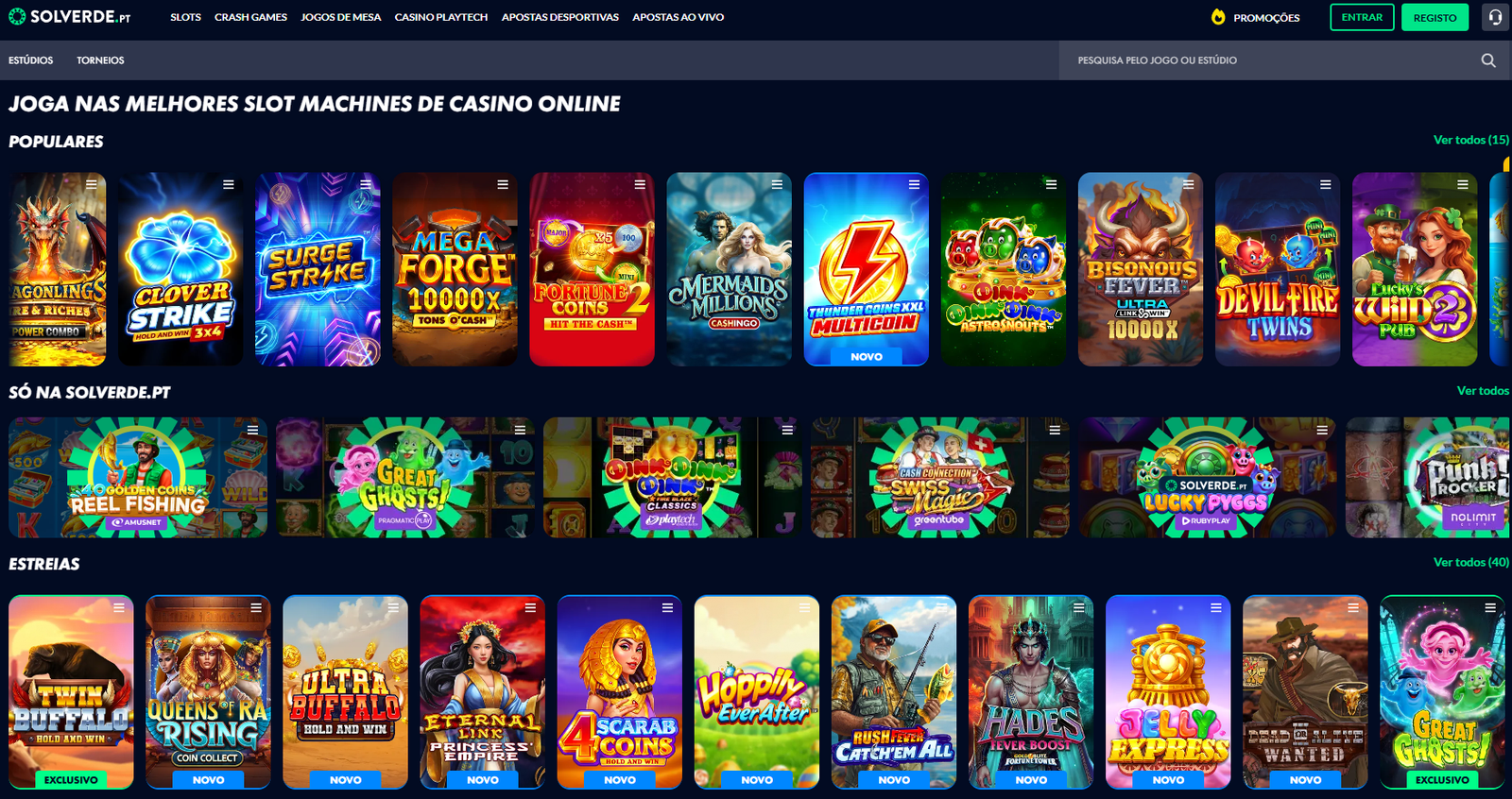Catálogo de jogos da Solverde.pt com destaque para as slots populares, a secção exclusiva "Só na Solverde.pt" e as últimas estreias de casino.