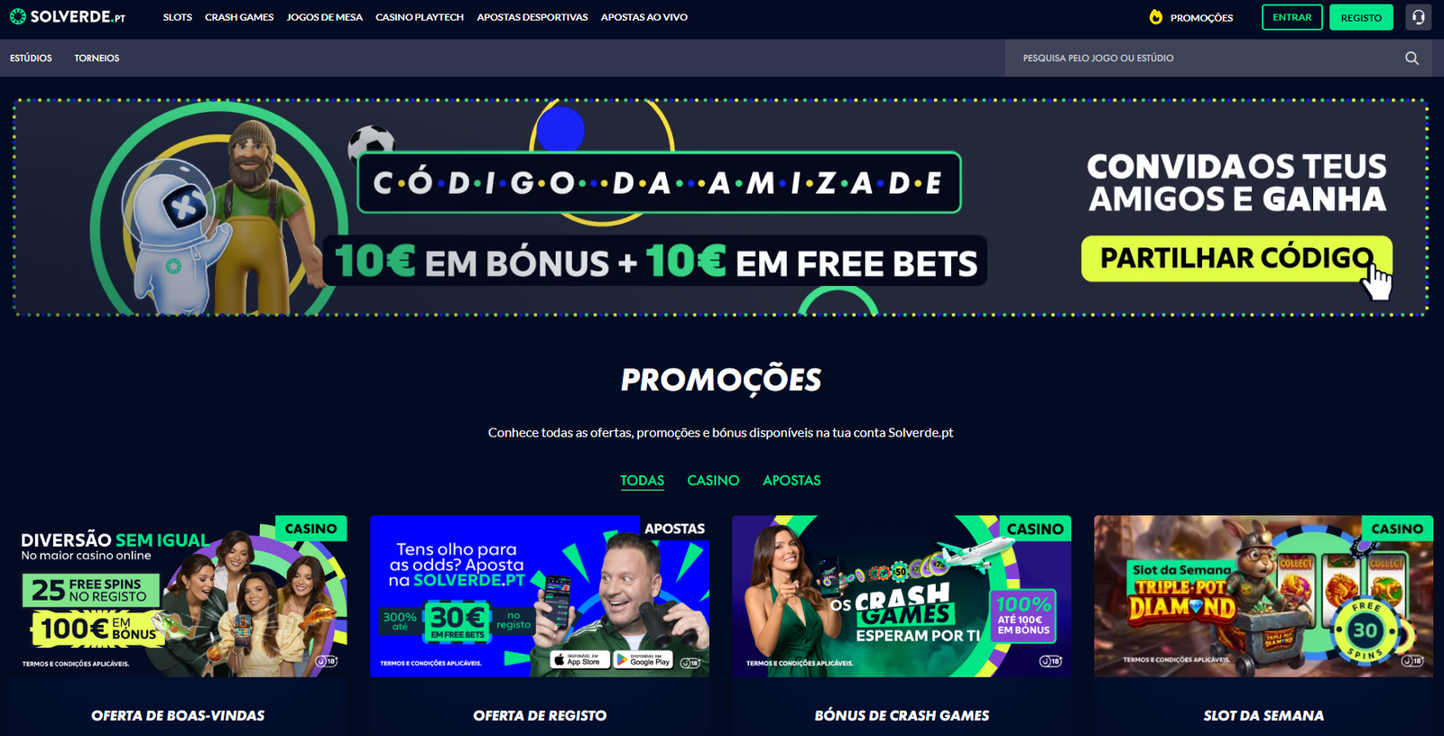 Página de promoções da Solverde.pt com destaque para os bónus de boas-vindas de casino (25 Free Spins e 100€), bónus de Crash Games, bónus de apostas desportivas e o programa Código da Amizade.