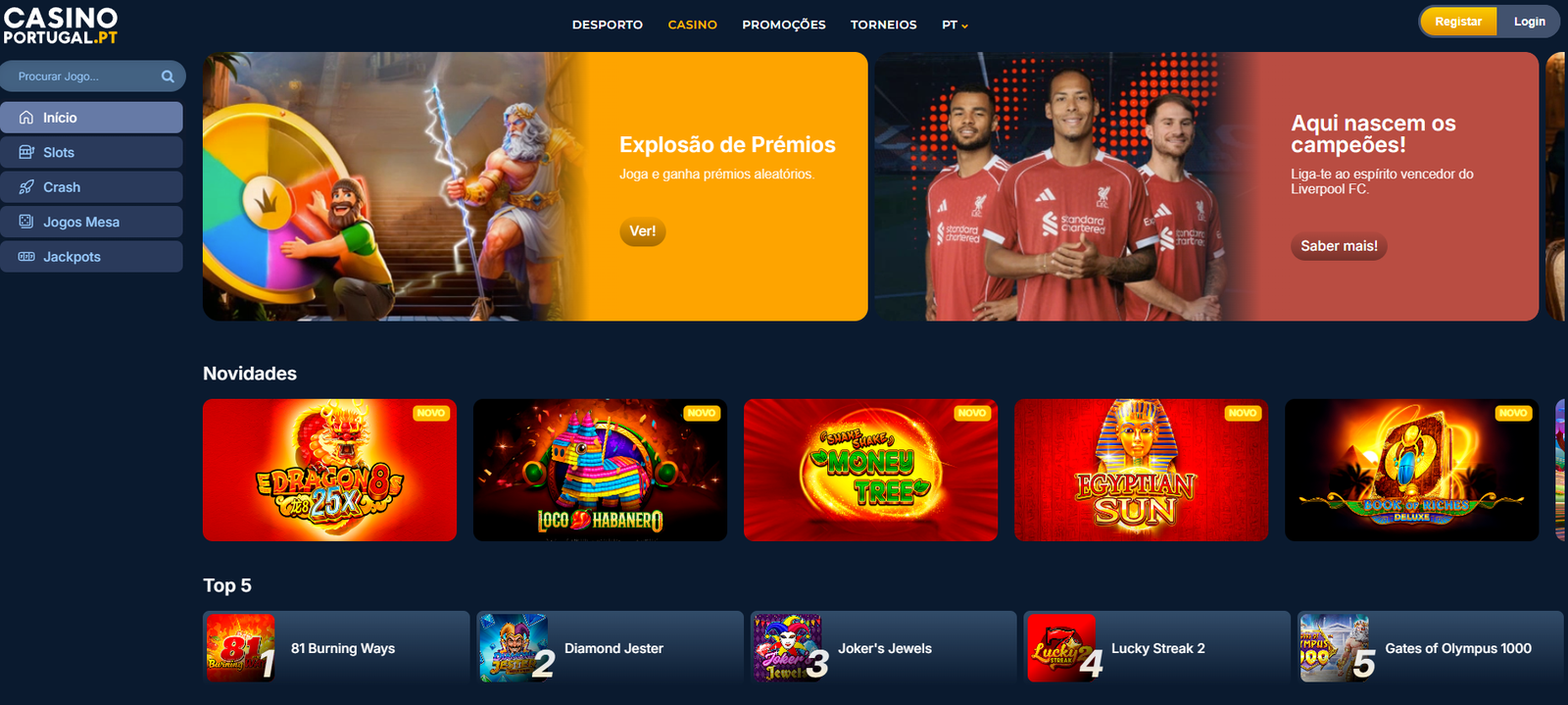 Interface do lobby oficial do Casino Portugal com fundo escuro e detalhes em amarelo, exibindo o menu lateral de jogos, banners promocionais de prémios e a secção de novidades em slots.