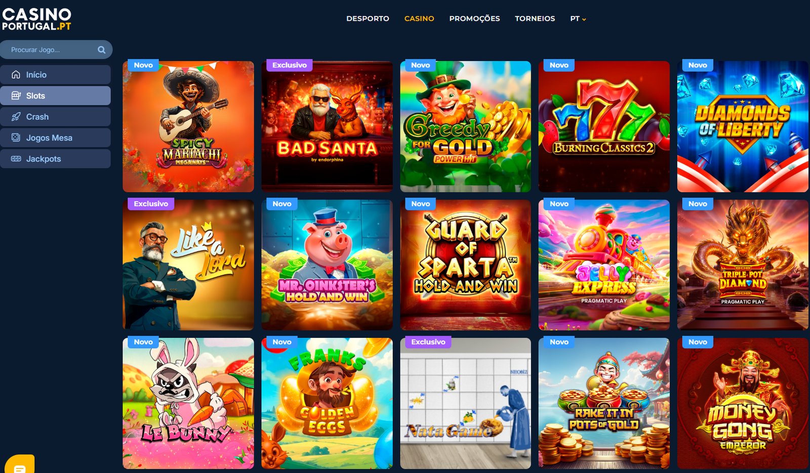Vista detalhada da biblioteca de slots do Casino Portugal, exibindo títulos populares, novidades e jogos exclusivos com design gráfico avançado.