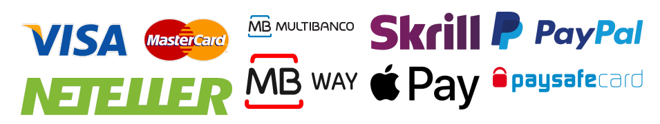 Logótipos dos métodos de pagamento aceites no Casino Portugal: VISA, MasterCard, Multibanco, MB WAY, PayPal, Skrill, Neteller, Apple Pay e paysafecard.