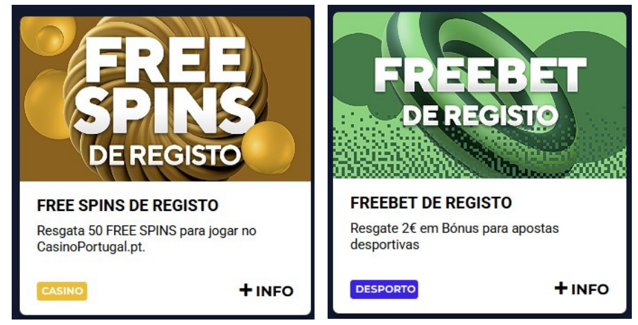 Banners promocionais do Casino Portugal destacando as 50 Free Spins de registo e a Freebet de 2€ para apostas desportivas.