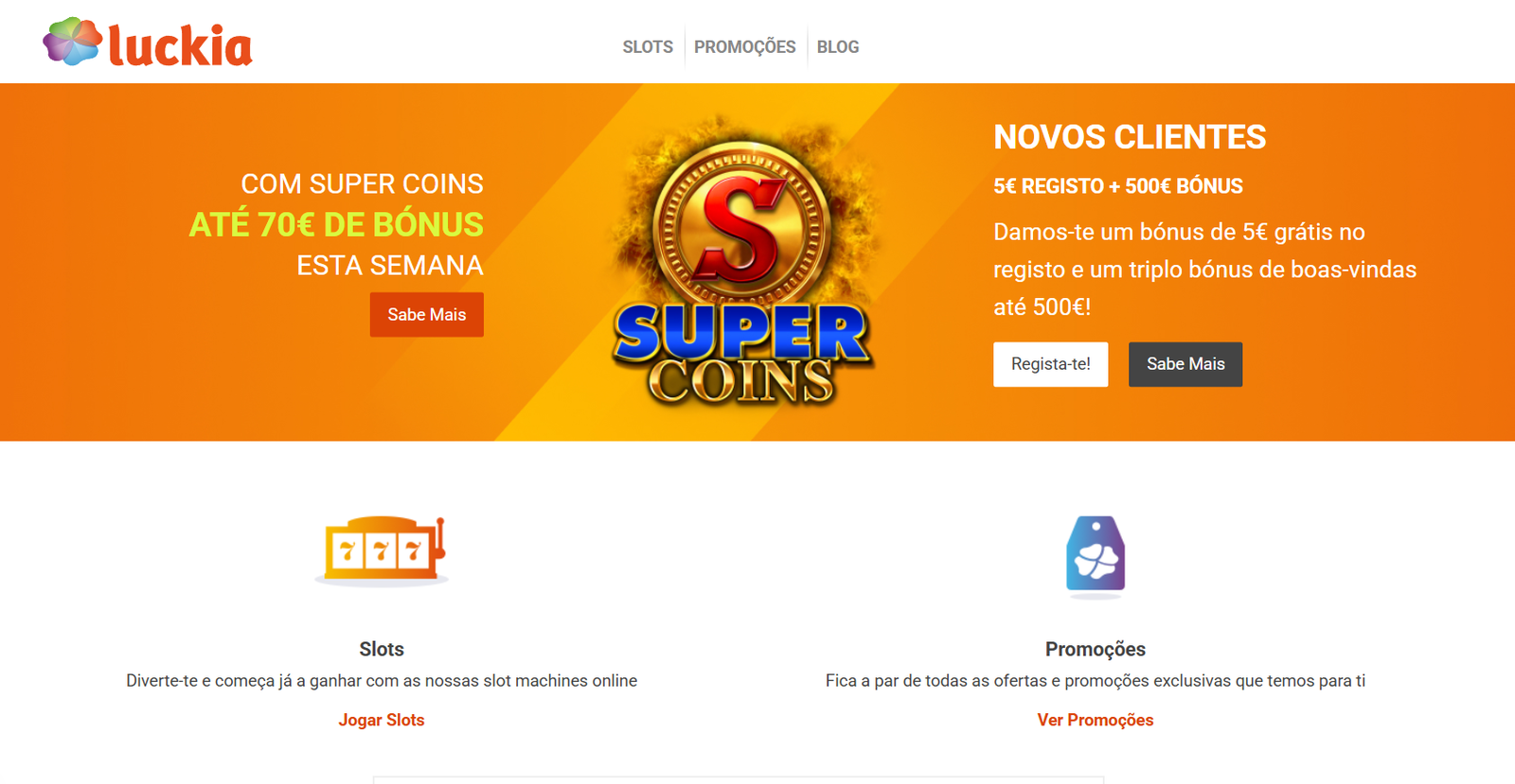 Captura de ecrã da página inicial do Luckia.pt destacando os bónus de boas-vindas de 5€ grátis e o triplo bónus até 500€ para novos clientes.