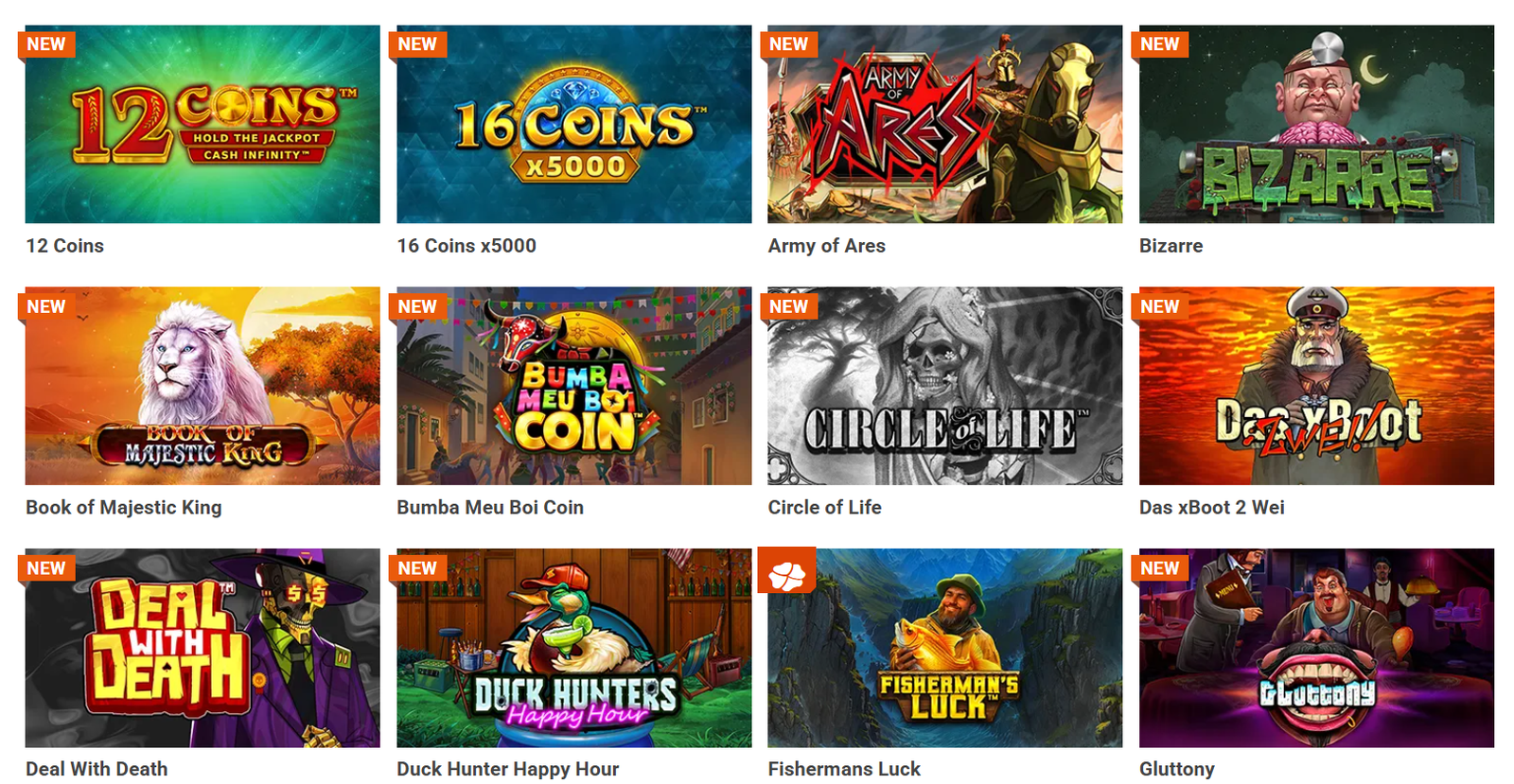Grelha de jogos de slot do casino Luckia, exibindo títulos populares e novidades como 12 Coins, Army of Ares e Bizarre com o selo "NEW" em destaque.