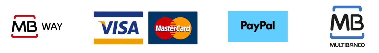 Logótipos dos métodos de pagamento aceites na Luckia: MB WAY, VISA, MasterCard, PayPal e Multibanco.