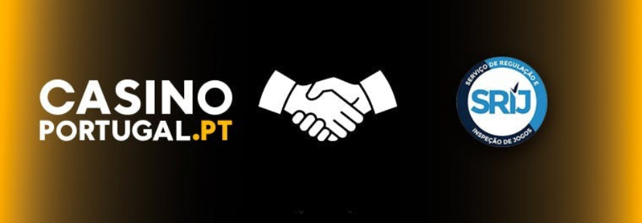 Banner institucional do Casino Portugal apresentando o logótipo oficial, um ícone de aperto de mão simbolizando confiança e o selo de regulação do SRIJ.