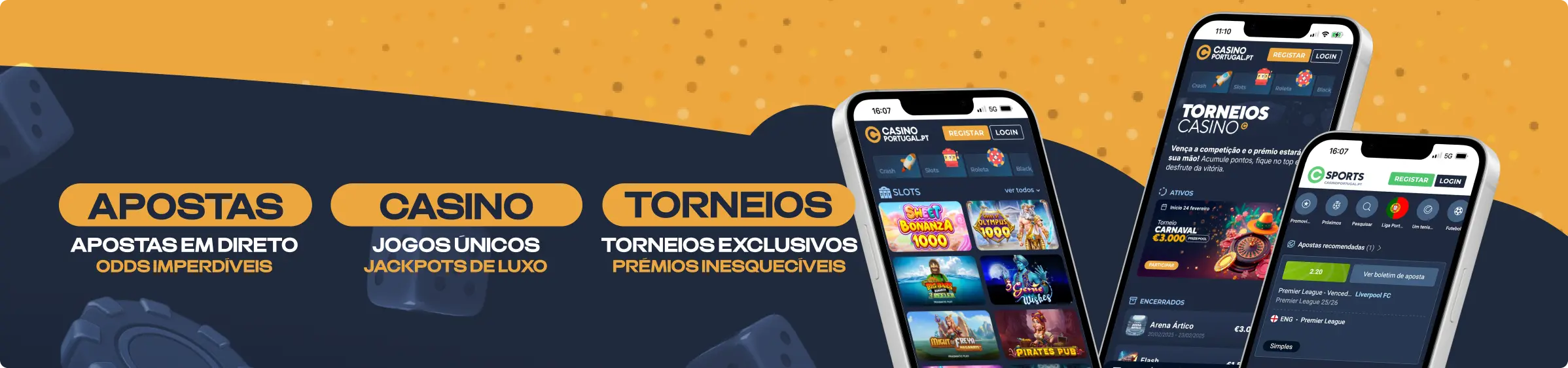 Banner promocional da aplicação móvel do Casino Portugal exibindo smartphones com as interfaces de apostas desportivas, slots e torneios.